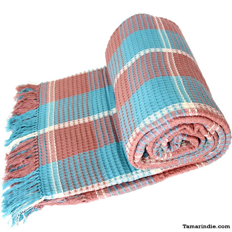 Striped Turquoise & Pink Single Blanket|غطاء سرير مفرد قطني