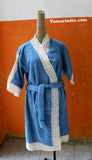 Blue and beige cotton bathrobe with lace|روب دانتيل للحمام ازرق وبيج